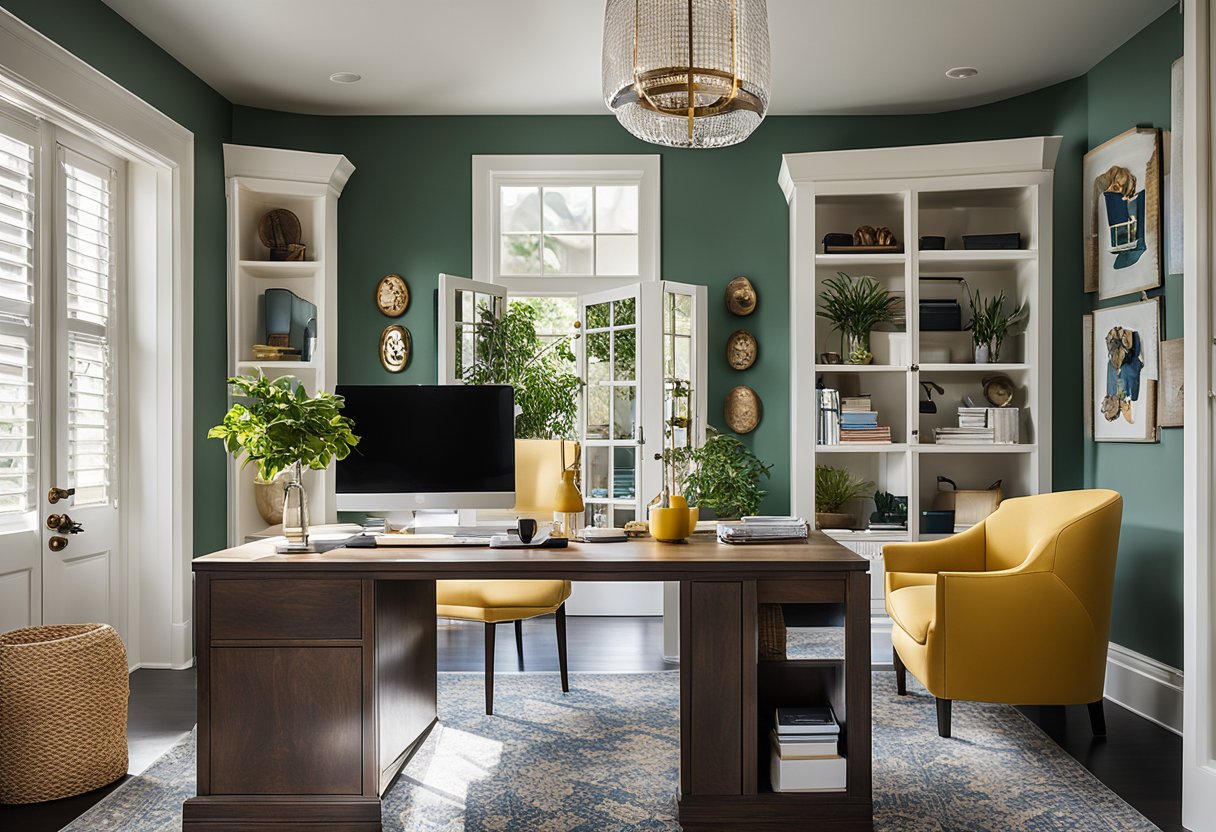 A home office with coordinated colors and personalized decor reflects the owner's unique personality and creates a cohesive and inviting workspace