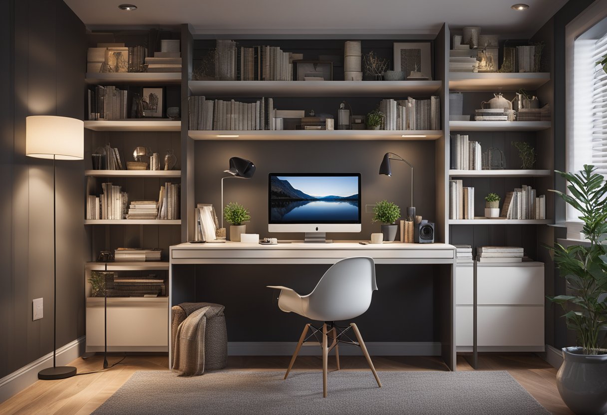 A home office with a sleek desk, shelves displaying art, and a cozy reading nook with a comfortable chair and a floor lamp