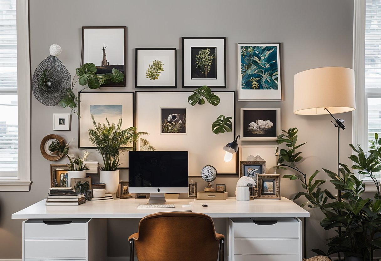 A home office with a desk adorned with various art pieces, including paintings, sculptures, and framed photographs. The space is well-lit with natural light, creating a warm and inviting atmosphere