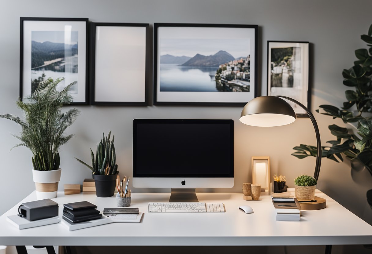 A sleek desk with organized supplies, a comfortable chair, and a gallery wall of inspiring artwork in a well-lit home office
