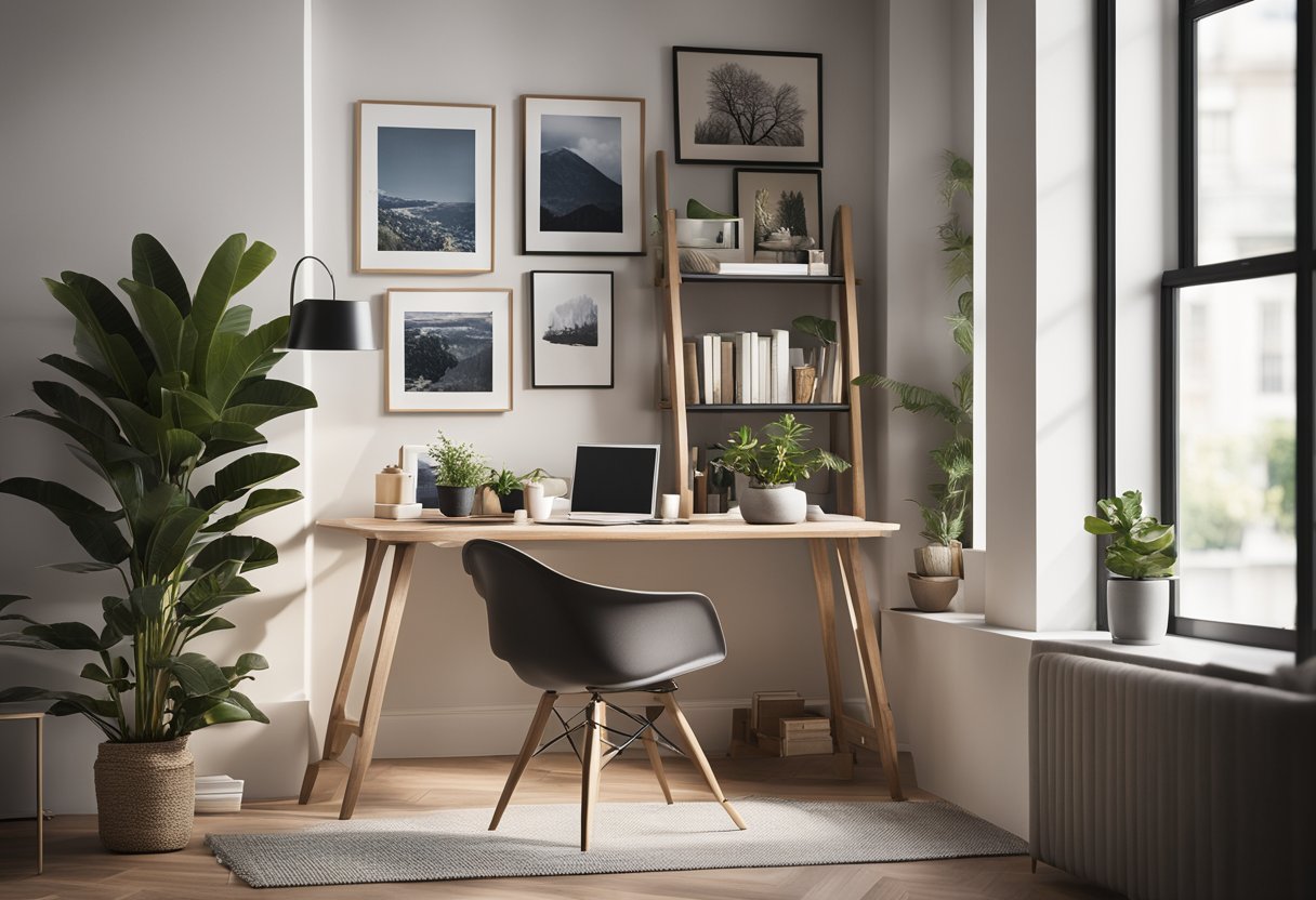 A home office with a gallery wall of framed artwork, a sleek desk with a potted plant, and a cozy reading nook with a bookshelf and accent chair