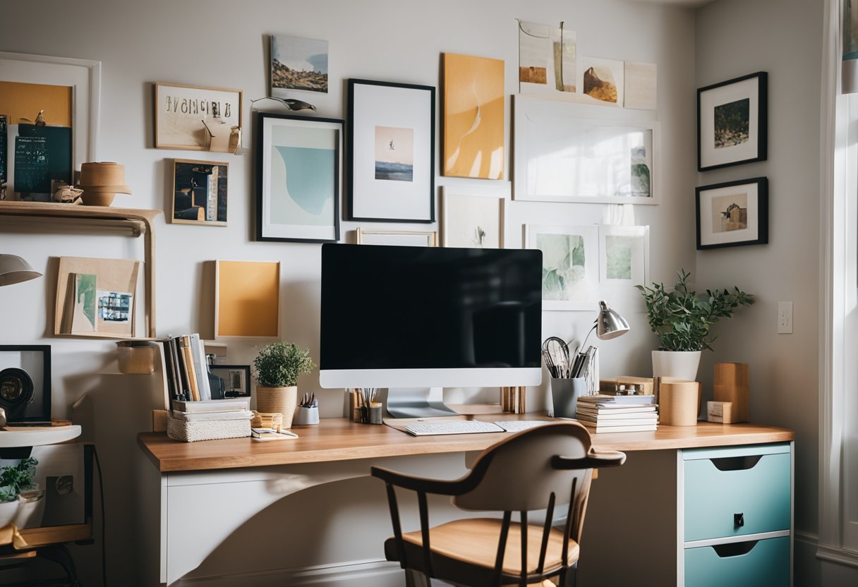 A light-filled home office with colorful artwork on the walls, a cozy reading nook, and a clutter-free desk with art supplies neatly organized