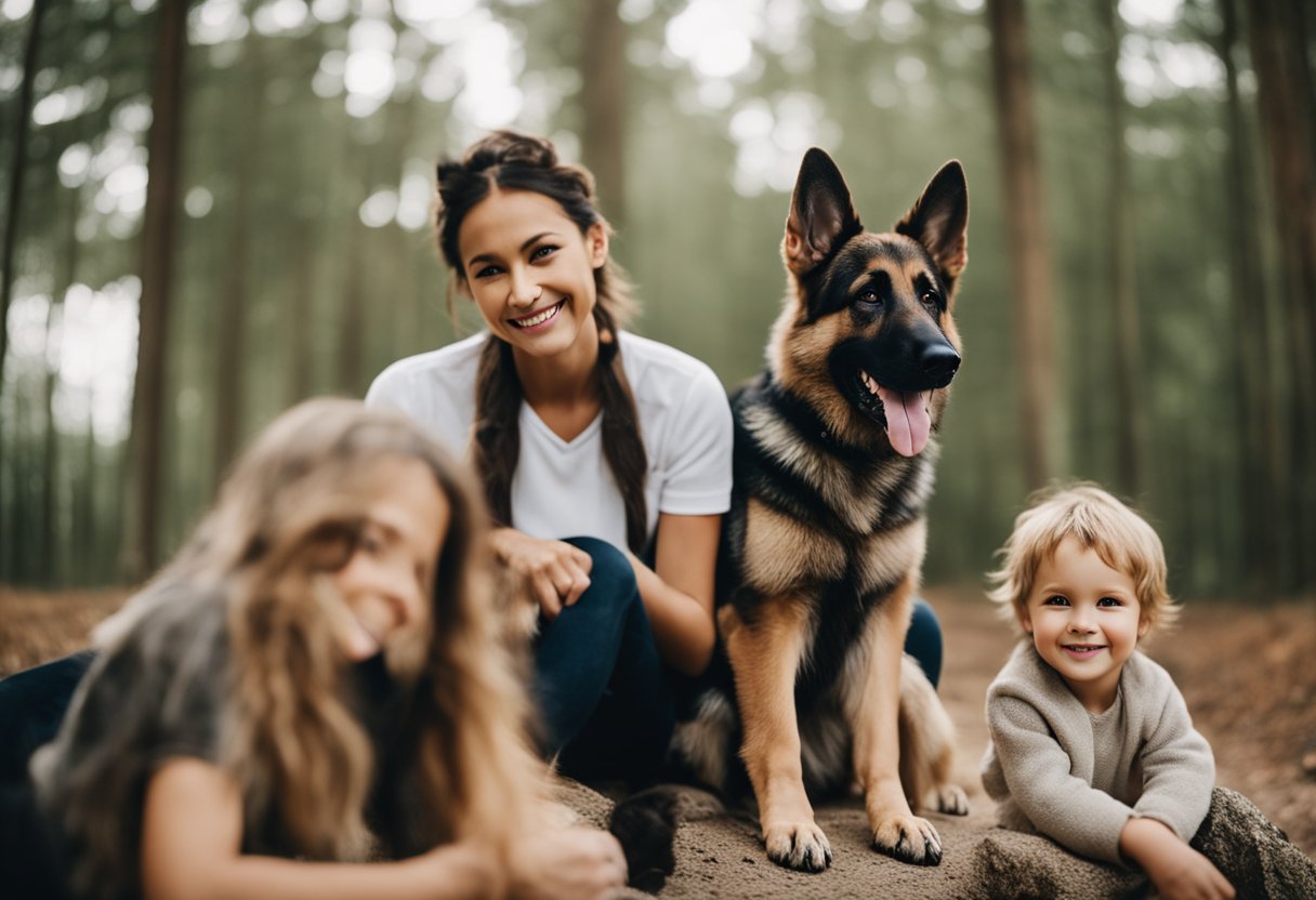 A German Shepherd sits beside a smiling family, showing loyalty and affection