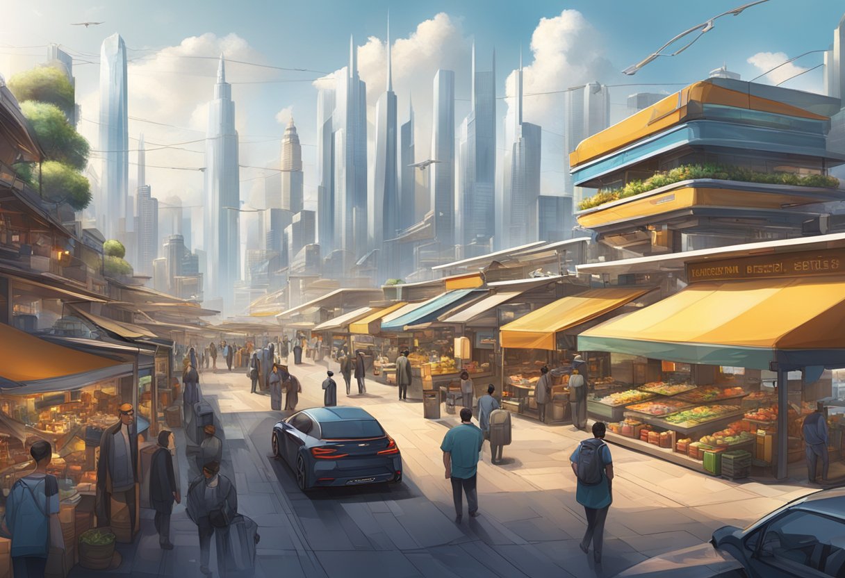 A bustling market with futuristic skyline, showcasing advanced nano-technology car coating service