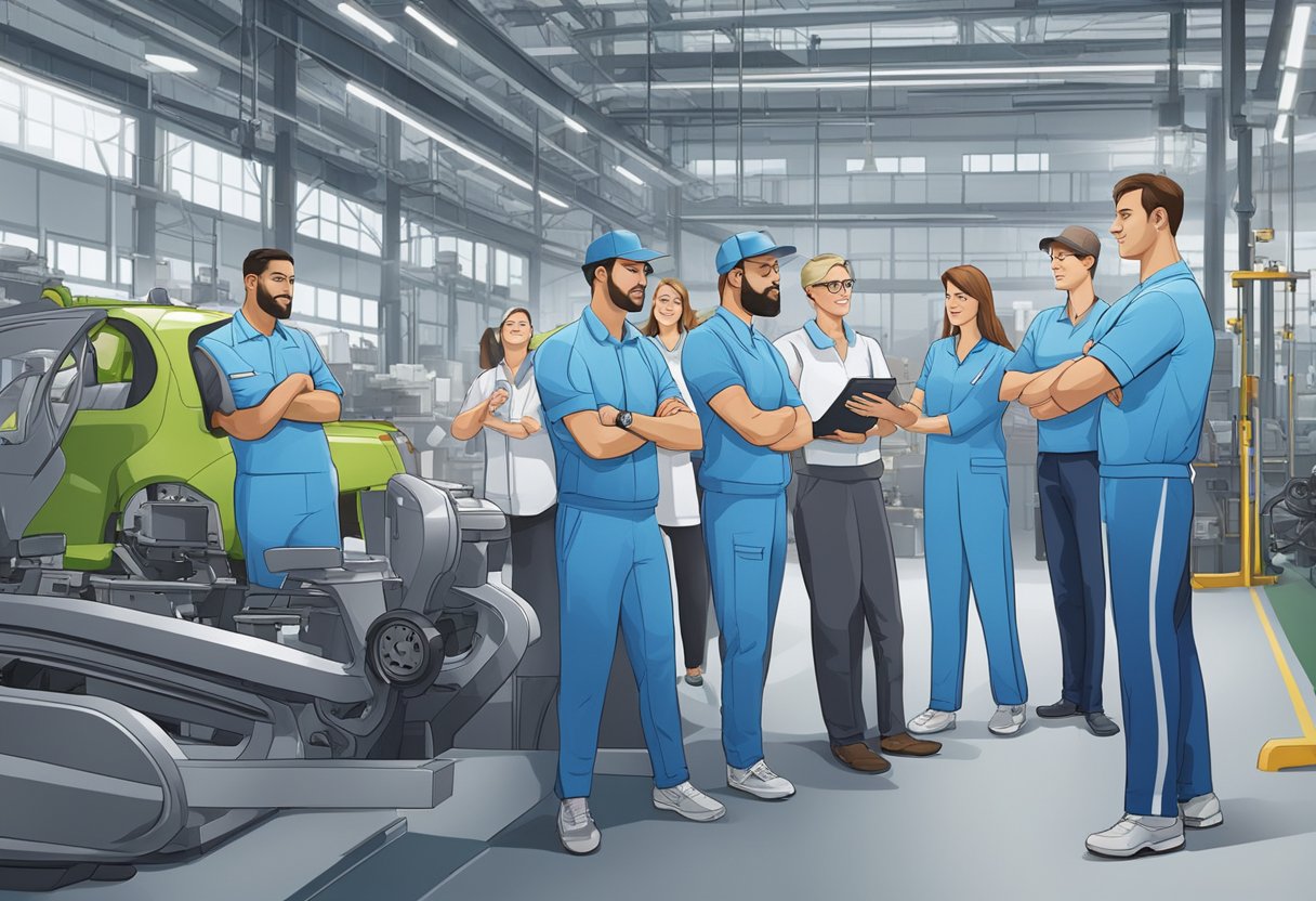 A group of employees at a car manufacturing plant participate in a health promotion program, engaging in physical activities and wellness workshops