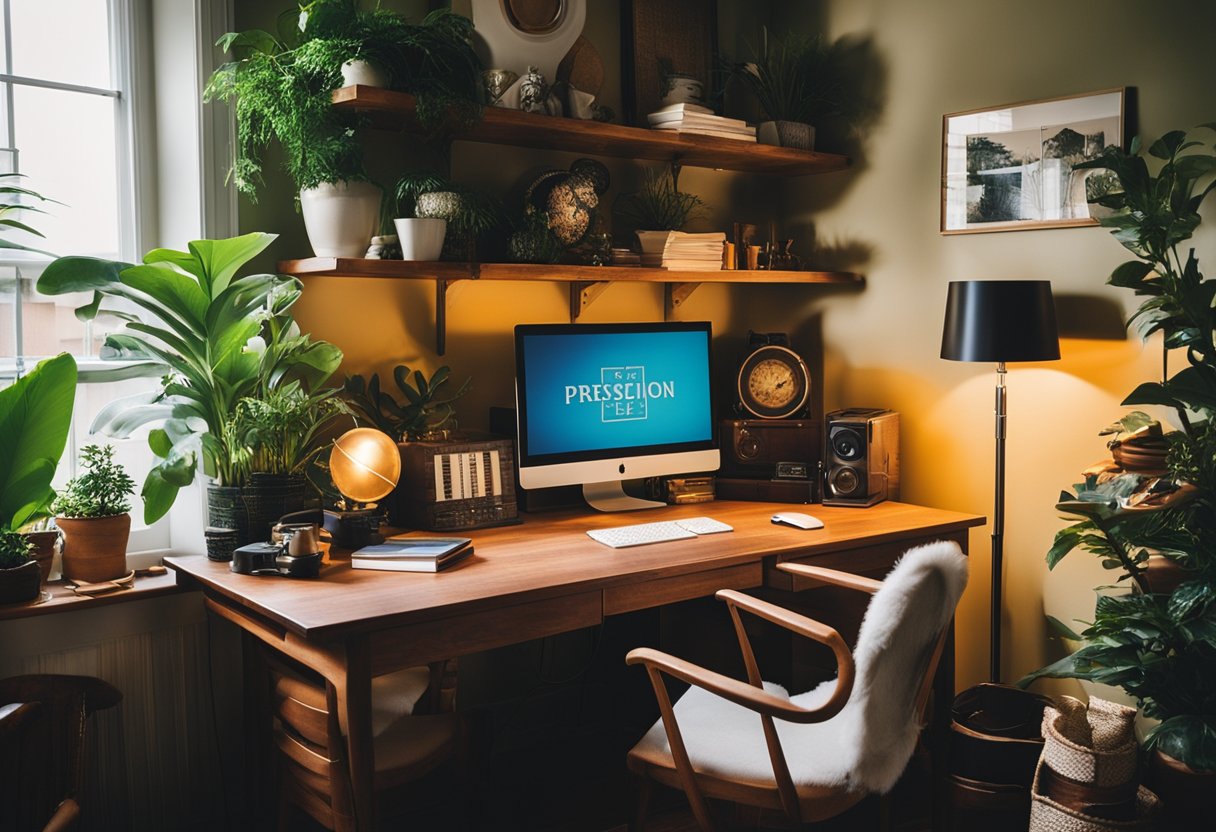 A cozy home office with vibrant colors and eclectic decor reflects the owner's creative and outgoing personality. A mix of modern and vintage furniture creates a unique and inspiring workspace