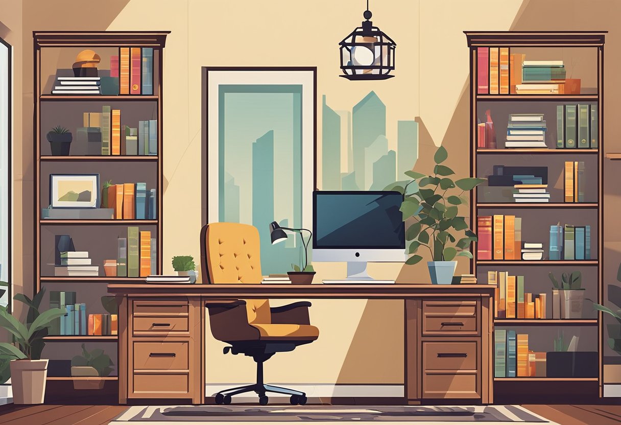A cozy home office with a desk, chair, and bookshelf. The walls are adorned with colorful artwork and personal touches that reflect the owner's personality