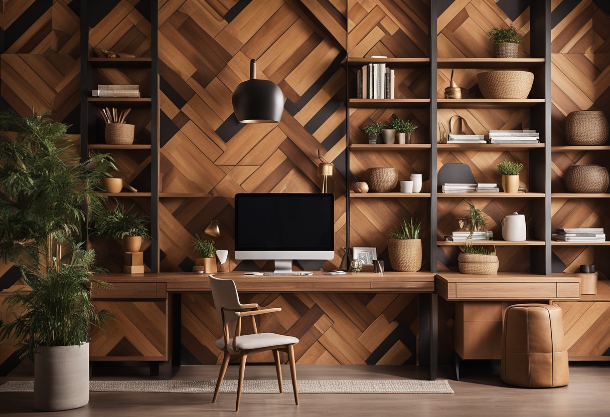 A cozy home office with warm, earthy tones and natural wood accents. A feature wall with a bold, geometric wallpaper adds a pop of personality. A mix of textures and patterns creates a harmonious and inviting space