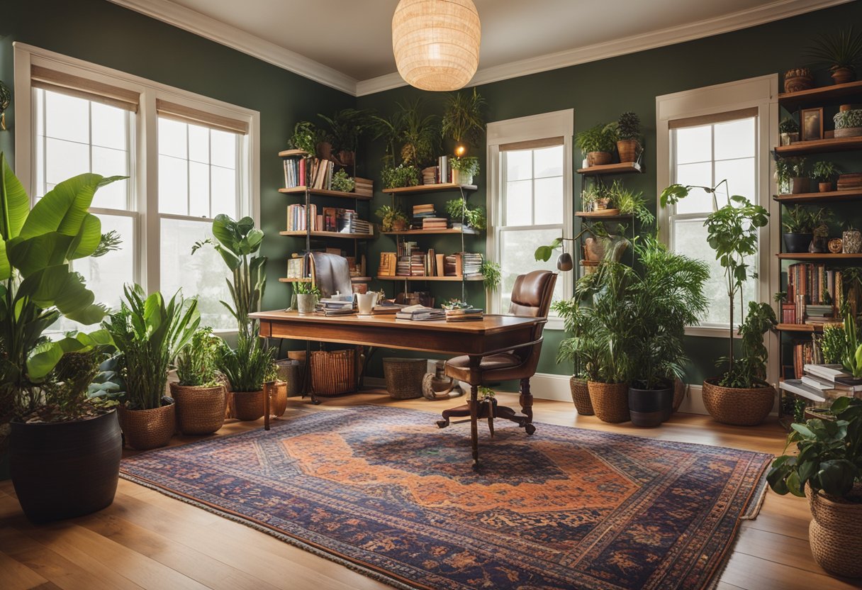 A cozy home office with colorful, eclectic decor reflecting the owner's unique personality. Shelves adorned with plants, books, and trinkets. A bright, patterned rug ties the room together
