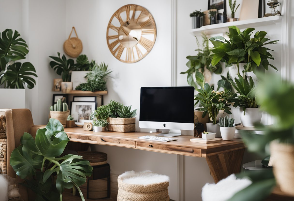 A cozy home office with colorful decor and personalized touches reflects the individual's personality and style. A desk adorned with plants, artwork, and unique accessories creates a comfortable and inspiring workspace