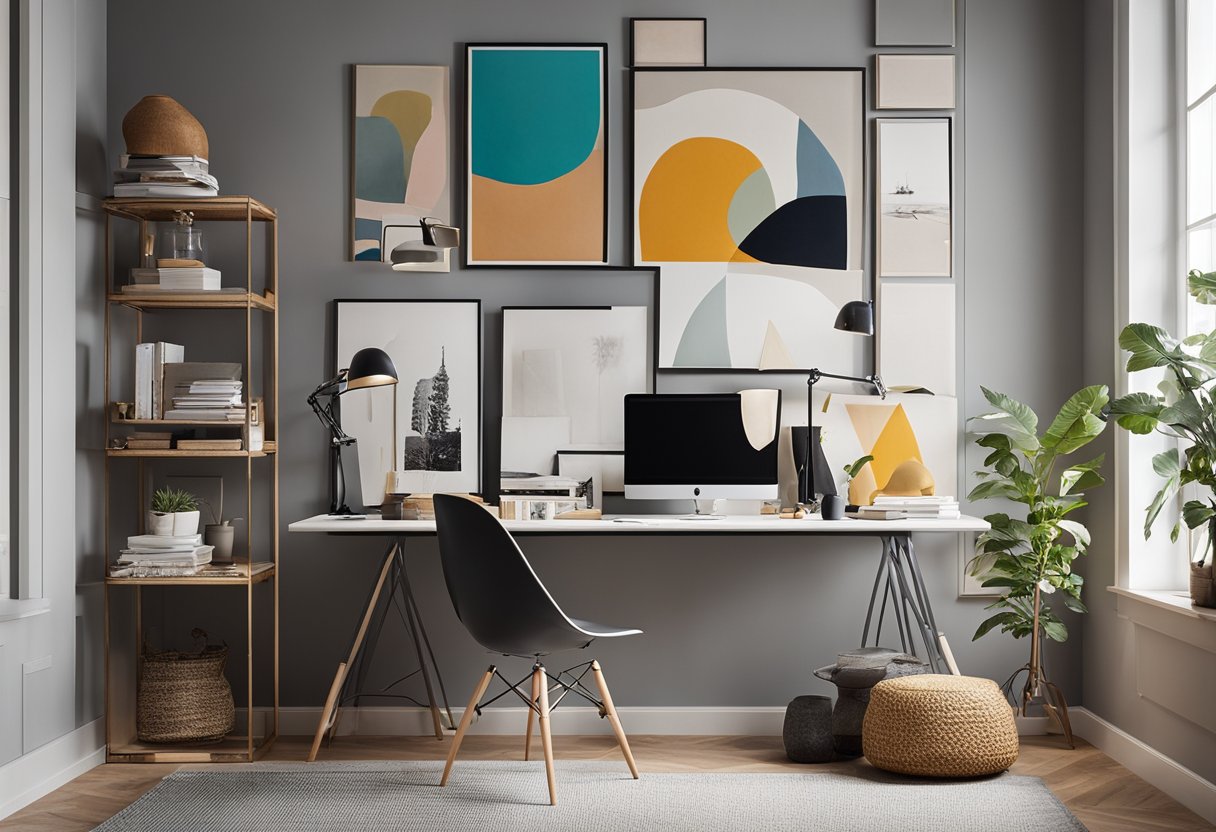 A cozy home office with a gallery wall of colorful, abstract paintings and modern art pieces. A comfortable chair and a sleek desk complete the stylish workspace