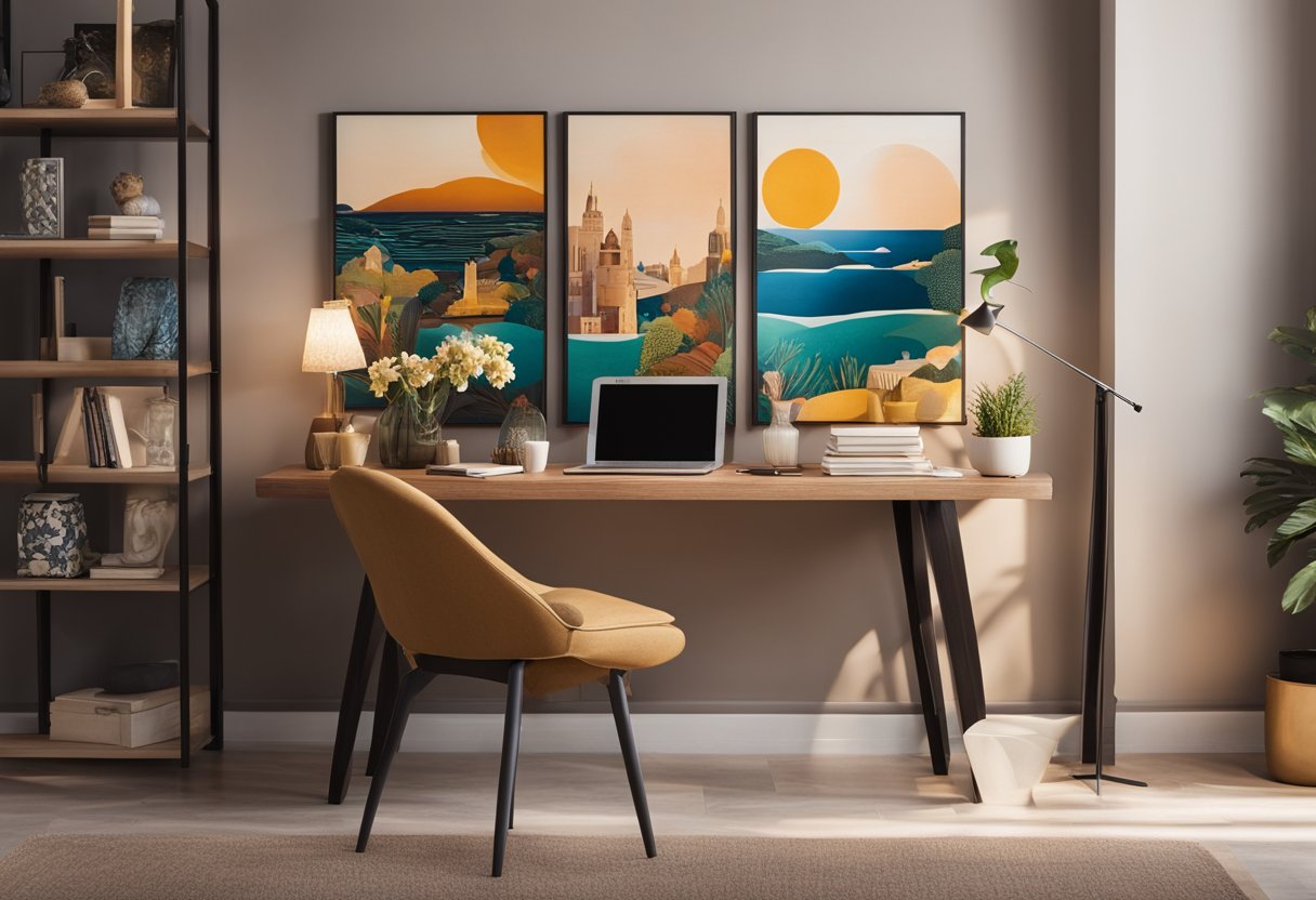 A sleek desk with a built-in bookshelf, adorned with decorative sculptures and a vibrant painting on the wall. A cozy reading nook with a stylish floor lamp and a unique art piece