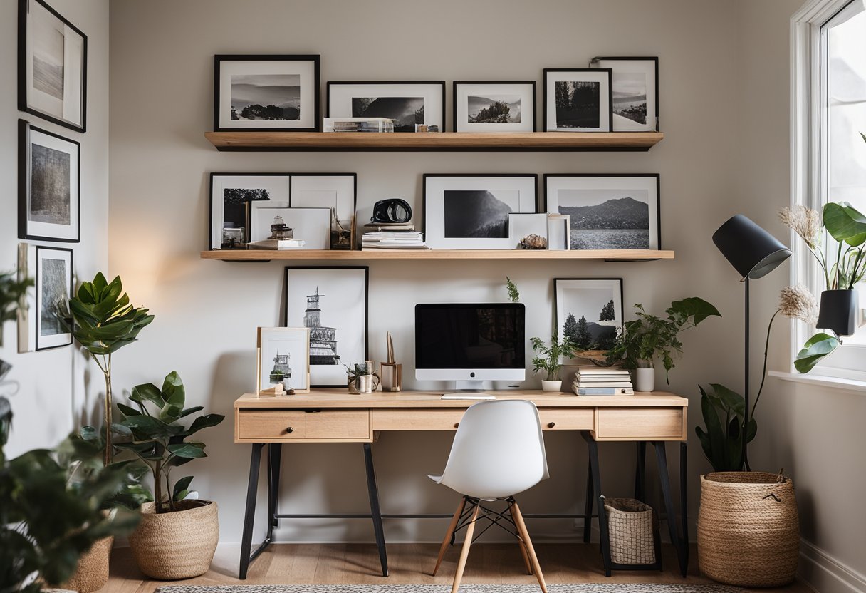 A cozy home office with a simple desk, shelves displaying various art pieces, and a gallery wall of affordable prints. Natural light streams in through the window, creating a warm and inviting atmosphere