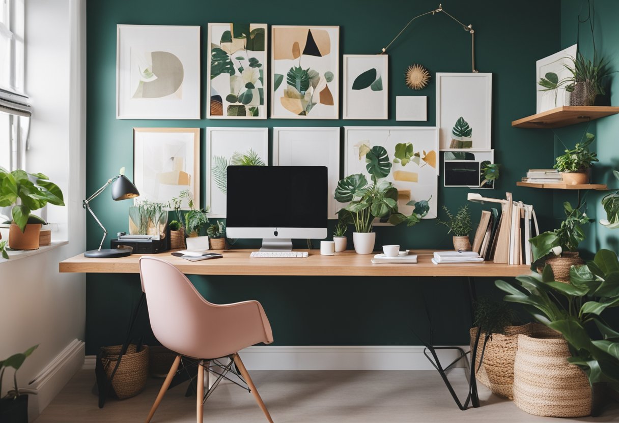 A bright home office with colorful artwork on the walls, a cozy reading nook, and a large desk with organized supplies and plants