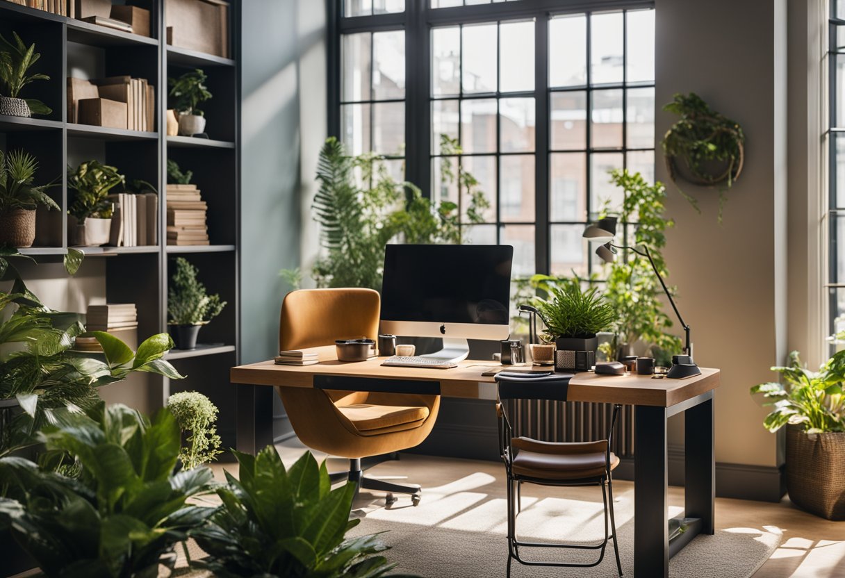 A cozy home office with a large desk, art-filled walls, and natural light pouring in from a window. A comfortable chair and vibrant plants add warmth to the space