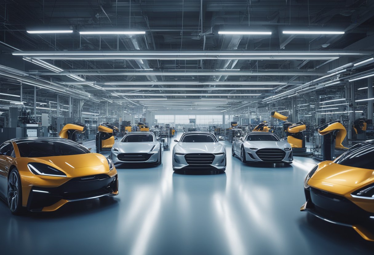 A futuristic automotive production line design consultation for car manufacturers, integrating technology and advanced solutions