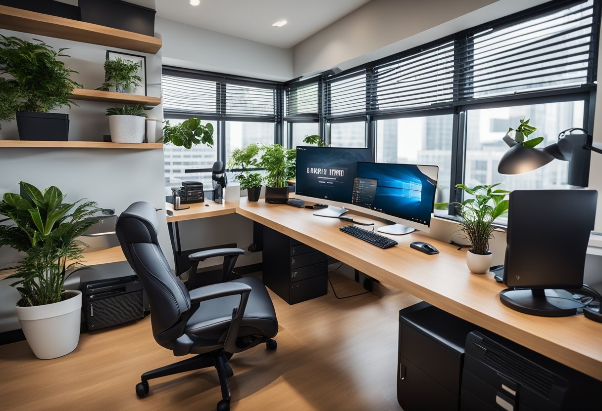 A desk with a computer, dual monitors, keyboard, mouse, desk lamp, and a comfortable chair. Shelves with office supplies, a printer, and a plant. A window with natural light