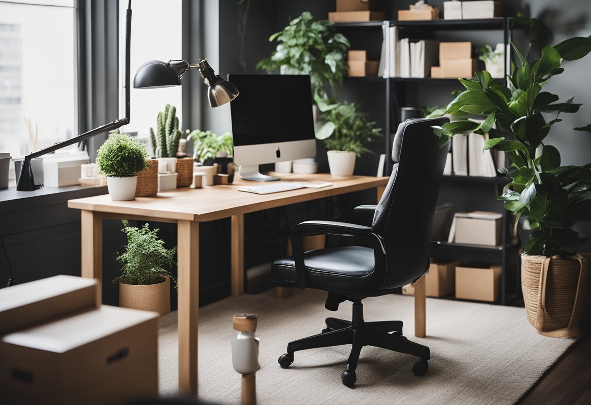 A cozy home office with a spacious desk, ergonomic chair, natural lighting, and organized supplies. A plant and personal touches add warmth to the space