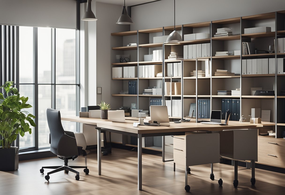 A spacious, well-lit room with a large desk, ergonomic chair, and organized shelves. A calming color scheme and minimal distractions create a focused work environment
