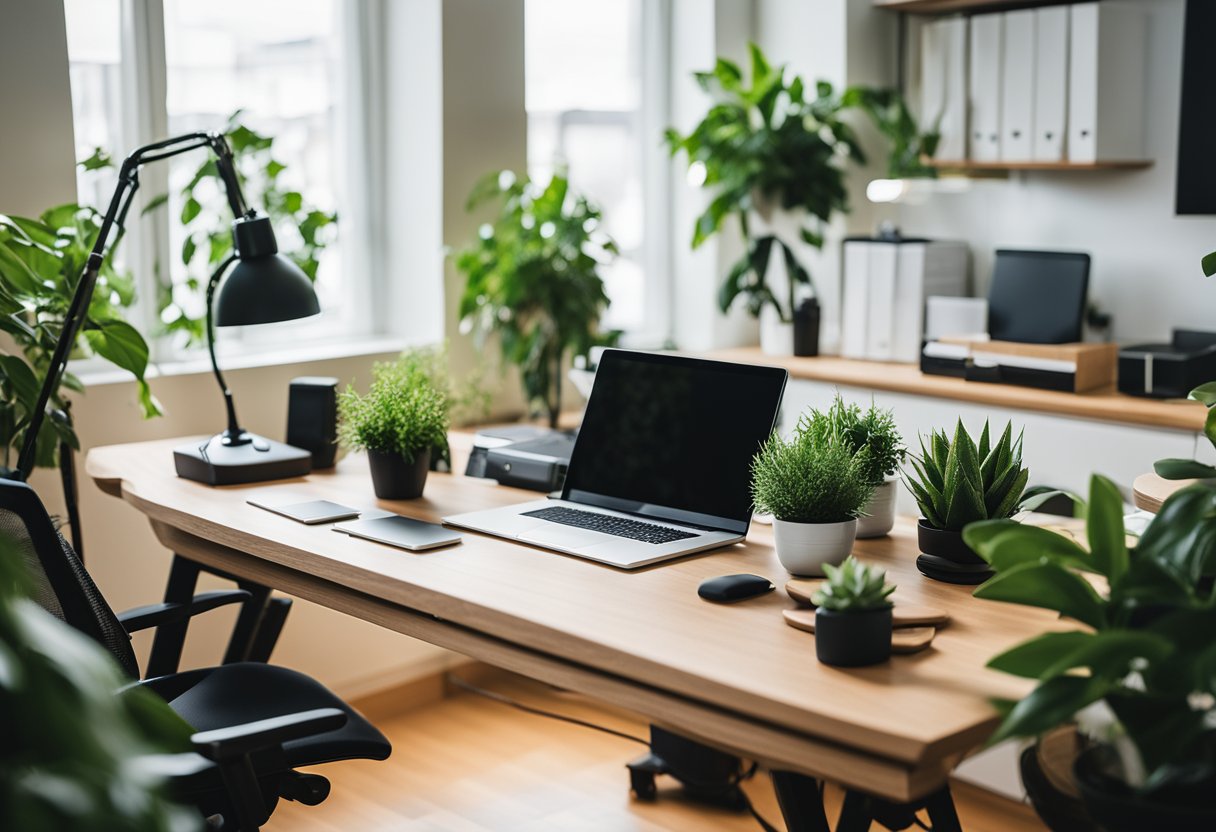 A bright, organized home office with ergonomic furniture, natural lighting, and green plants. A standing desk option and tech accessories for optimal productivity