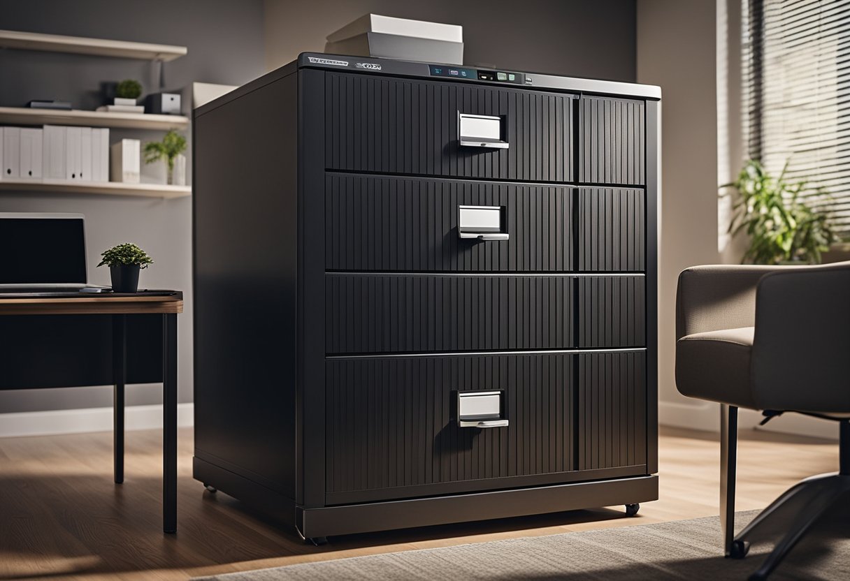 A home office with secure locks, firewall, and encrypted devices. No windows visible from outside. Shredder and locked filing cabinet for sensitive documents