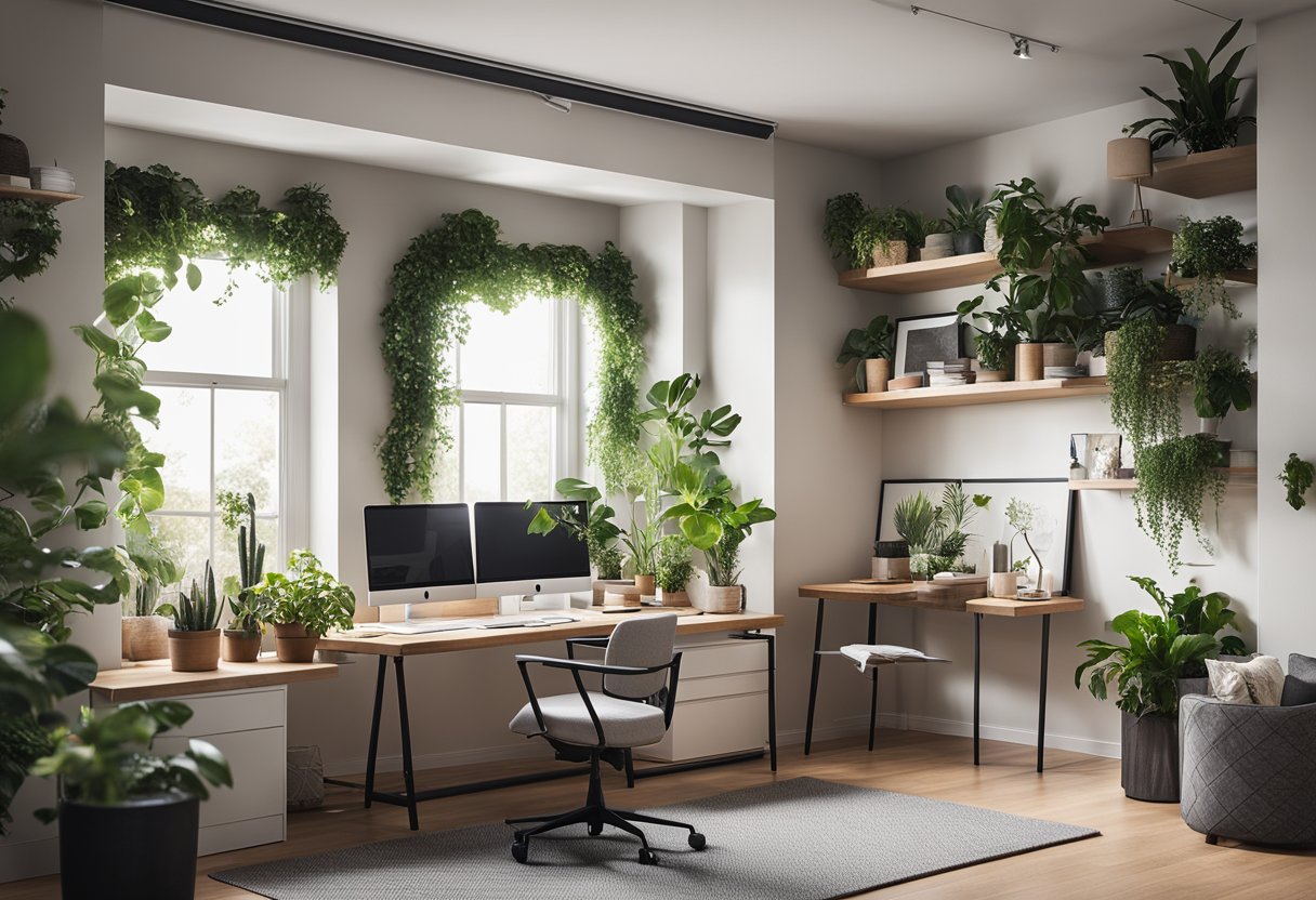 A cozy home office with a desk, computer, and ergonomic chair. A bright, organized space with plants, natural light, and a whiteboard for brainstorming