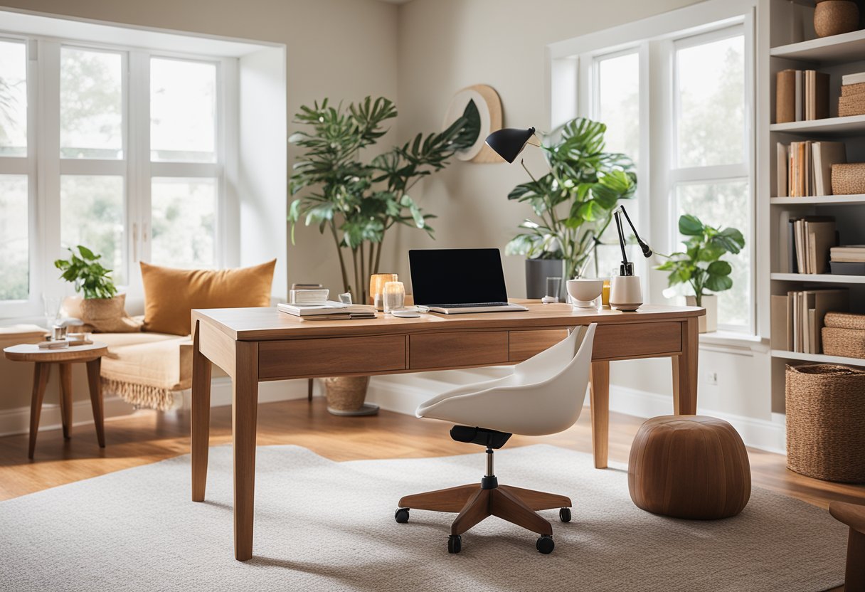 A bright, airy home office with a mix of vibrant and calming colors. A cozy reading nook with warm, earthy tones. A sleek, modern desk area with pops of energizing colors
