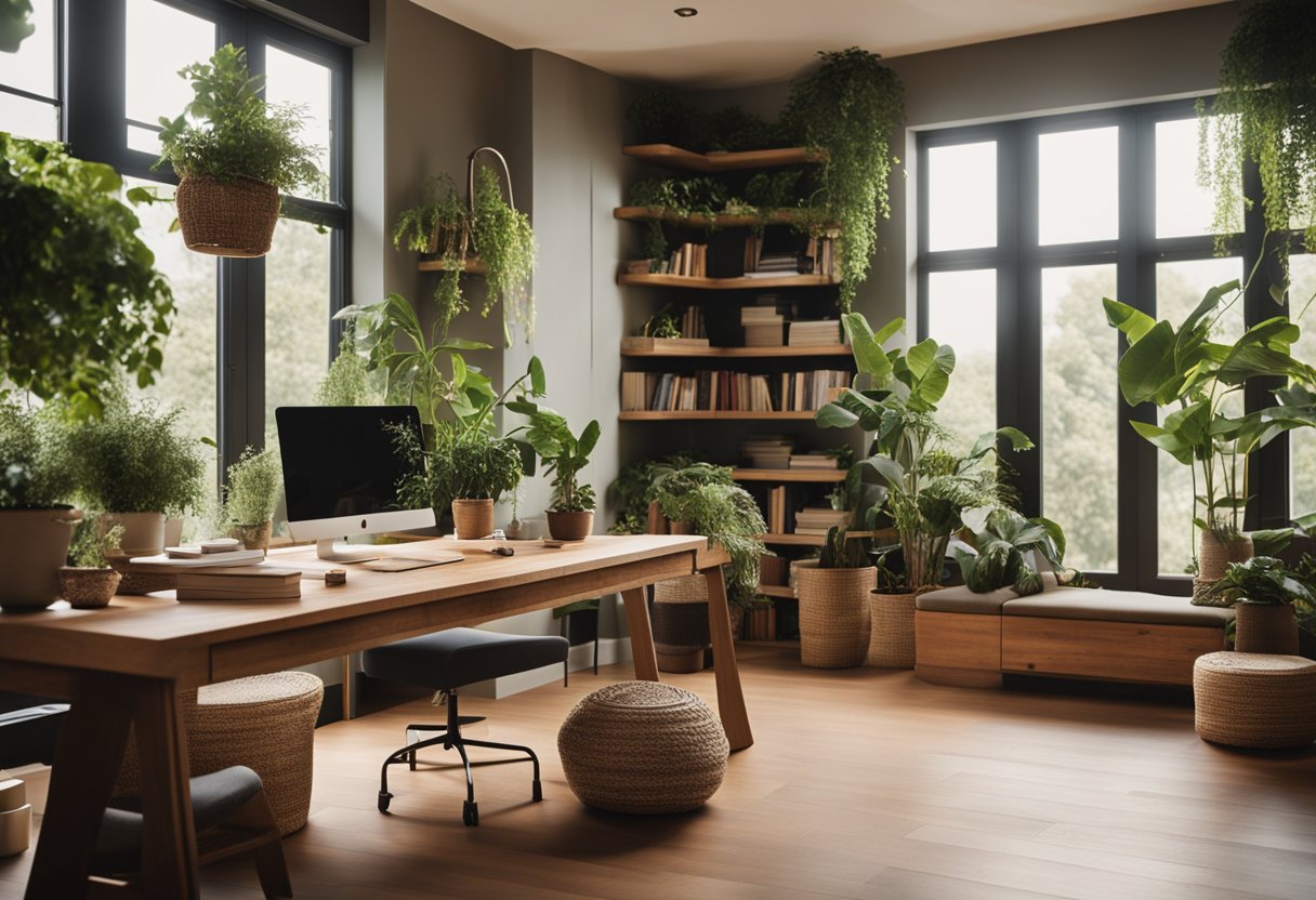 A home office with large windows, plants, natural materials, and earthy colors. A wooden desk with a view of greenery, and a cozy reading nook with a comfortable chair and soft lighting