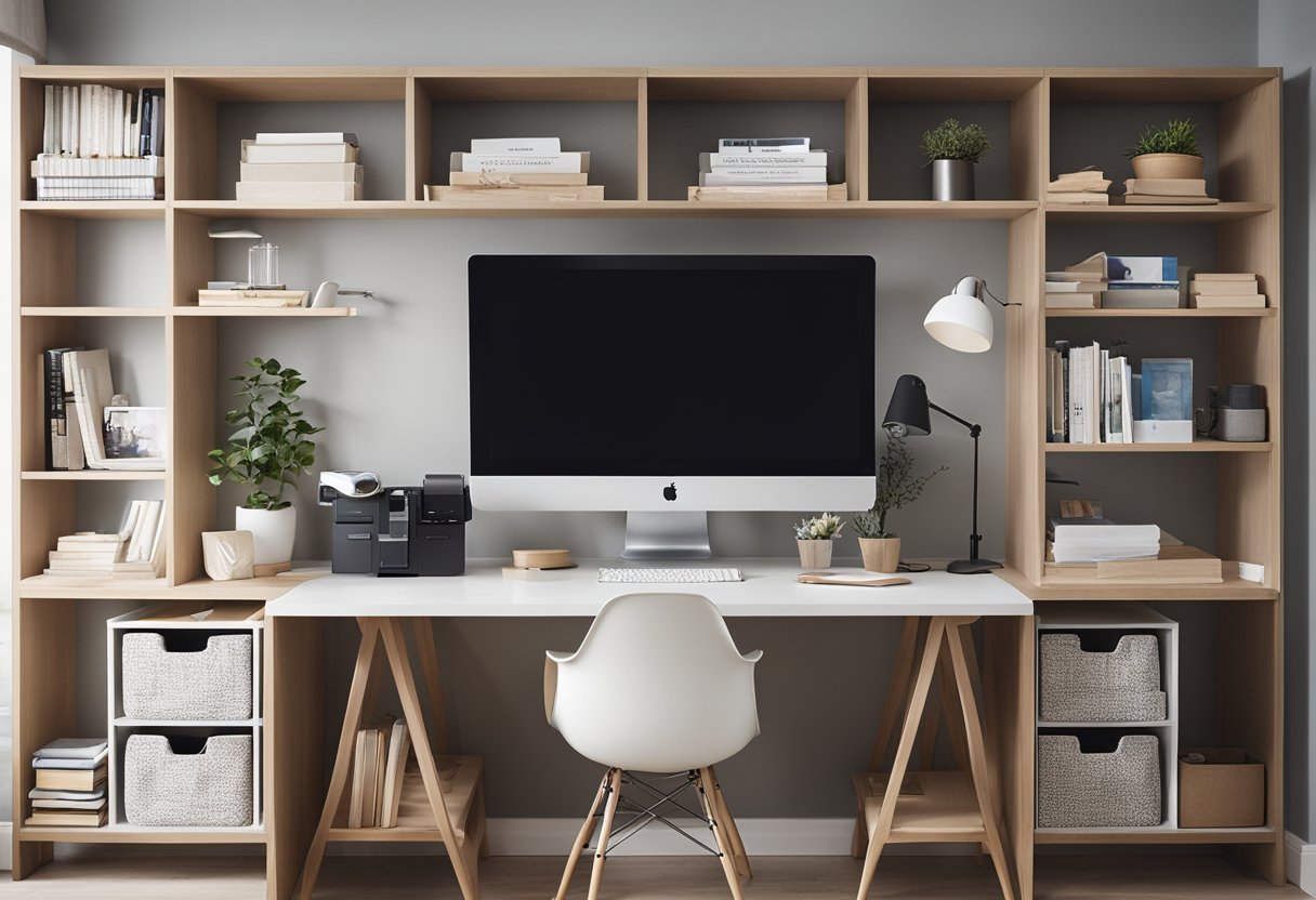A tidy home office with labeled storage bins, a minimalist desk, and a bulletin board for inspiration. A sleek shelving unit holds books and supplies, while a cozy reading nook provides a creative retreat