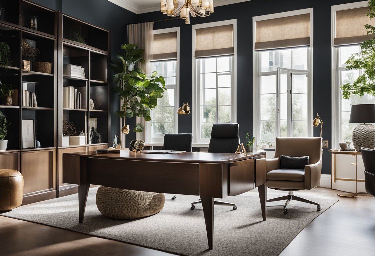 A spacious home office with elegant, modern furniture, large windows, and luxurious decor. A sleek desk, comfortable seating, and stylish accessories create a high-end design aesthetic