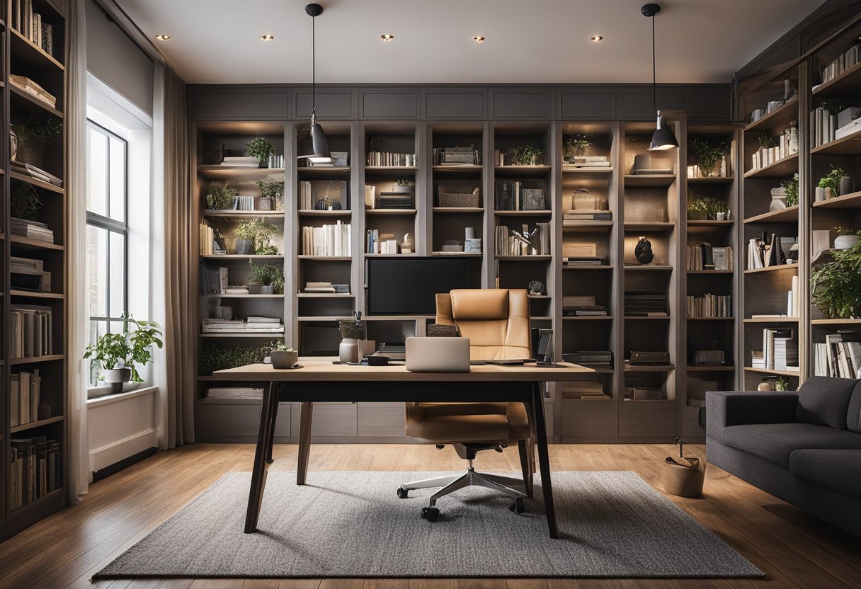 A quiet home office with sound-absorbing panels, bookshelves, and a cozy rug for creative professionals