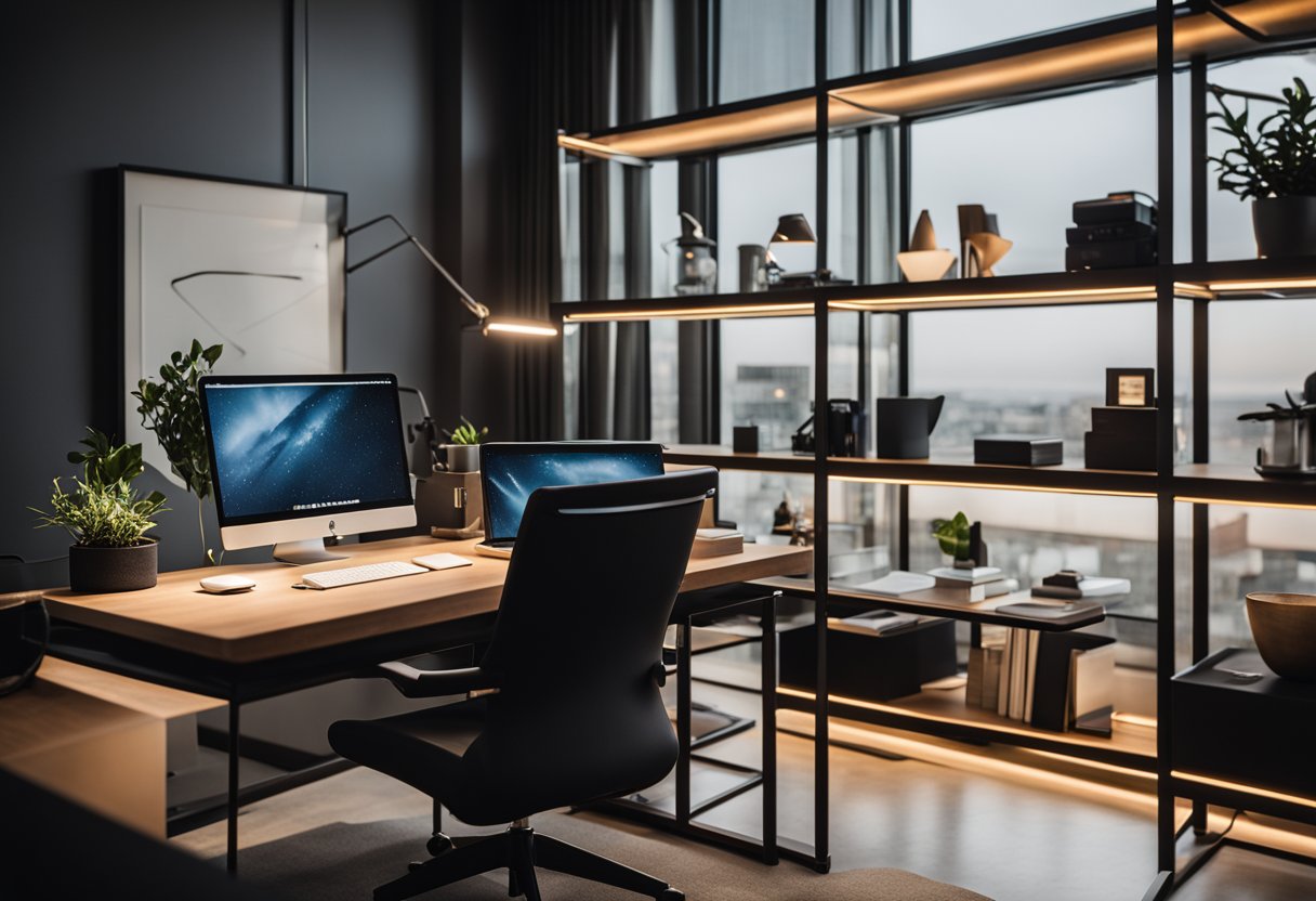 A sleek, modern desk with ergonomic chair, minimalist shelving, and a statement lighting fixture in a luxurious home office setting