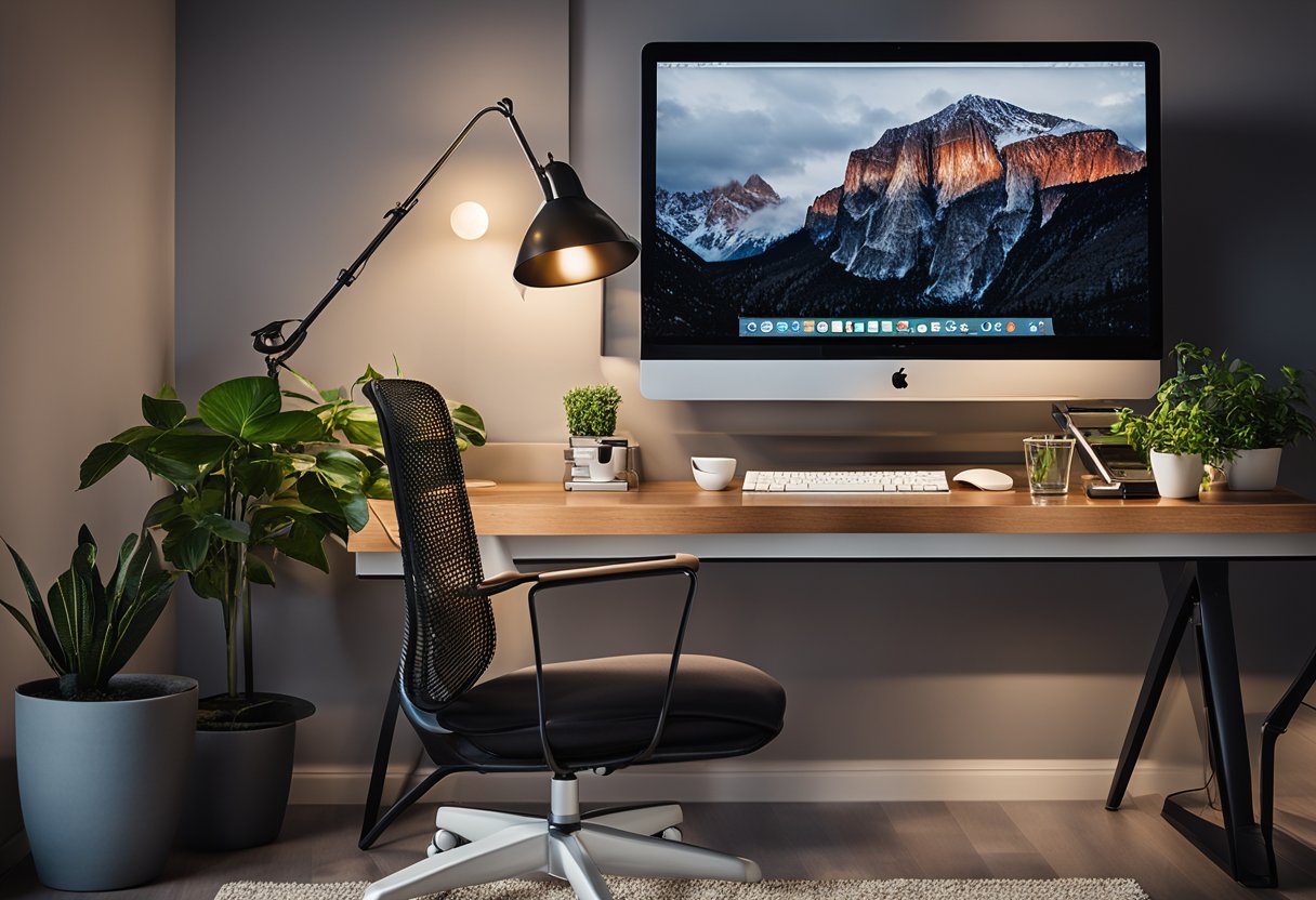 A sleek desk with a computer, dual monitors, and a wireless keyboard. A cozy reading nook with a modern armchair and floor lamp. Artistic decor and plants add a creative touch to the space