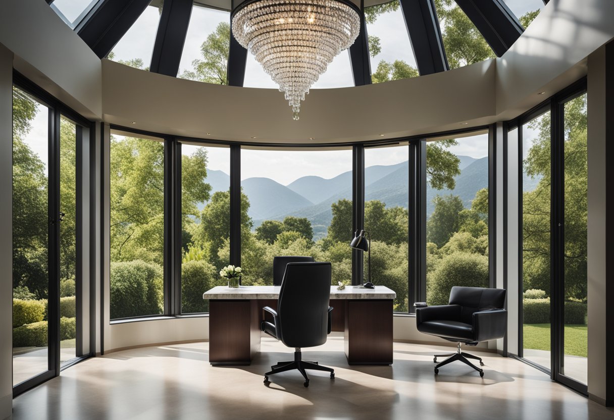 A sleek, modern desk made of polished marble and a plush leather chair sit in front of a large window with a view of a lush garden. A crystal chandelier hangs from the ceiling, casting a warm glow over the room