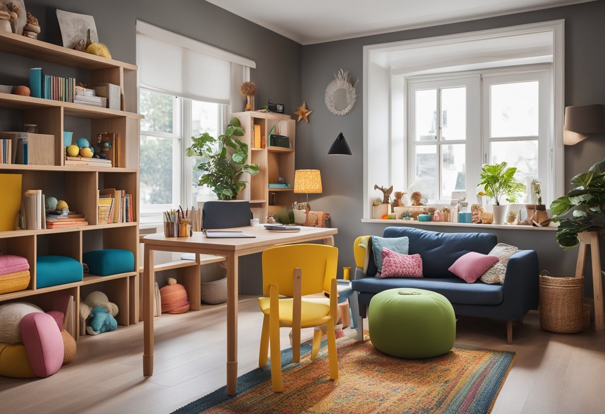 A cozy home office with bright colors, soft cushions, and low shelves filled with books and toys. A small table with child-sized chairs and a chalkboard for drawing