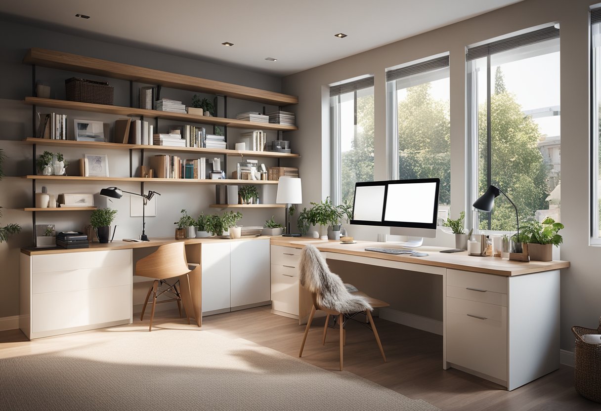 A spacious home office with convertible furniture, a standing desk, and a cozy reading nook. Bright natural light floods the room, highlighting the sleek and modern decor