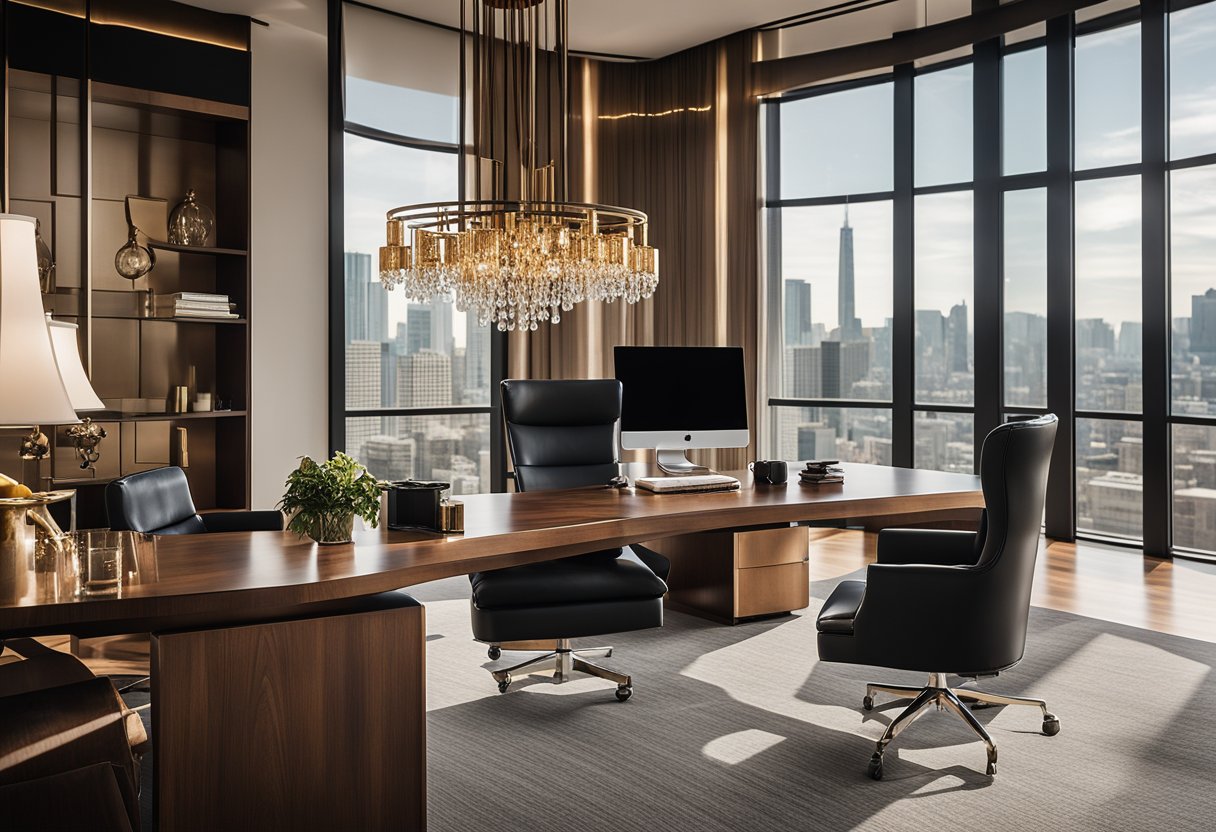 A sleek, modern desk bathed in natural light from floor-to-ceiling windows, accented by warm recessed lighting and a statement chandelier. Rich wood and leather furnishings exude opulence, while metallic accents add a touch of glamour