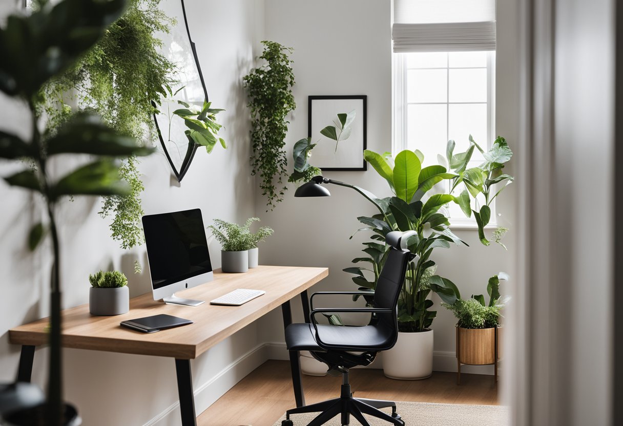 A modern, minimalist home office with a sleek desk, ergonomic chair, and vibrant artwork. Natural light floods the space, highlighting plants and stylish organizational tools