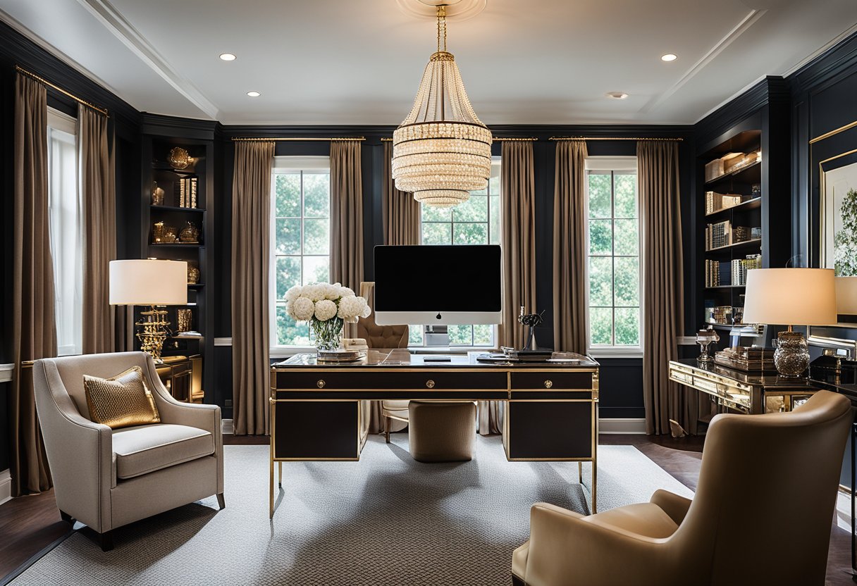 A luxurious home office with rich color schemes, featuring elegant wall treatments and high-end design elements for inspiration