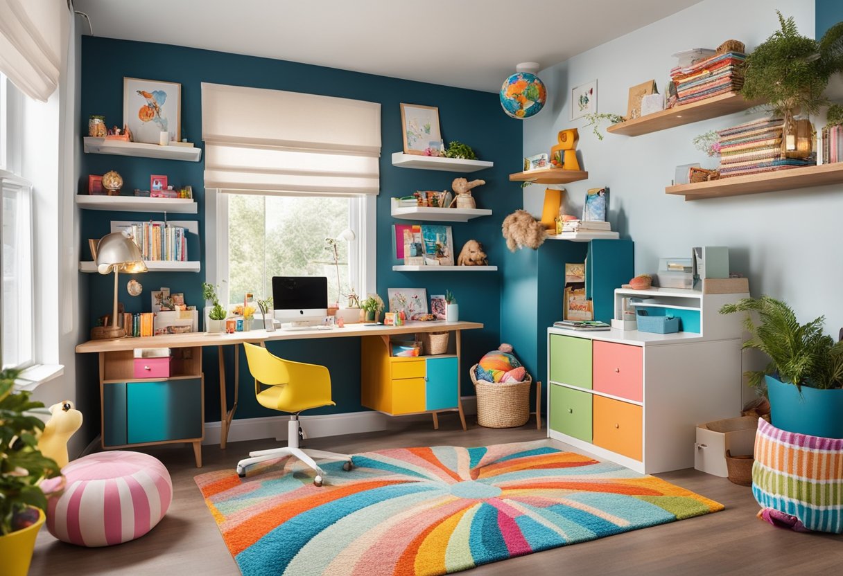 A bright, colorful home office with playful decor, such as a whimsical rug and vibrant artwork. The space features child-sized furniture and storage for toys and supplies