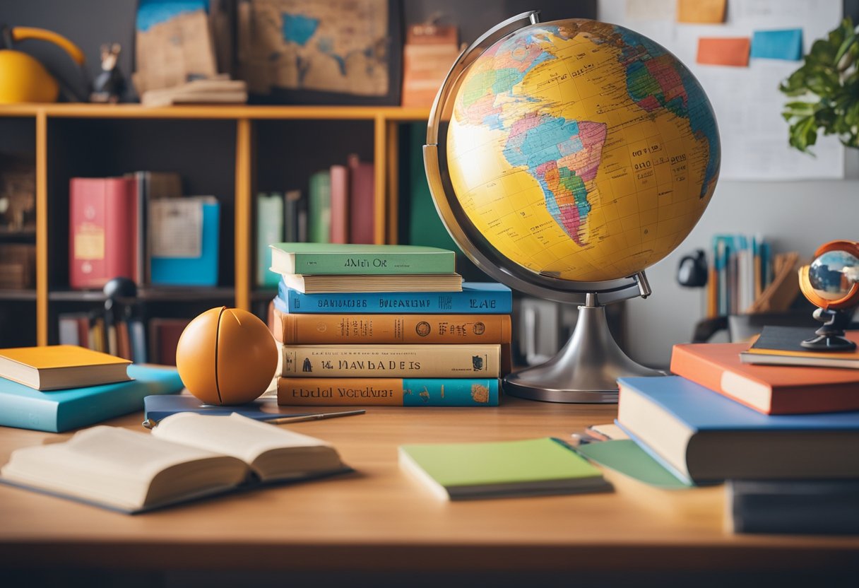 A colorful desk with alphabet posters, a bookshelf with educational books, and a globe on a child-sized desk in a bright, organized room