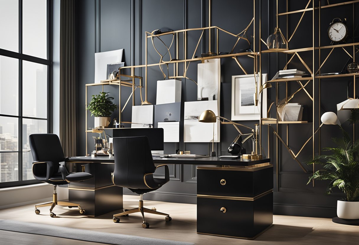 A sleek, modern desk adorned with high-end gadgets and tools. Luxurious decor accents, such as a designer chair and elegant desk accessories, complete the high-end home office setting