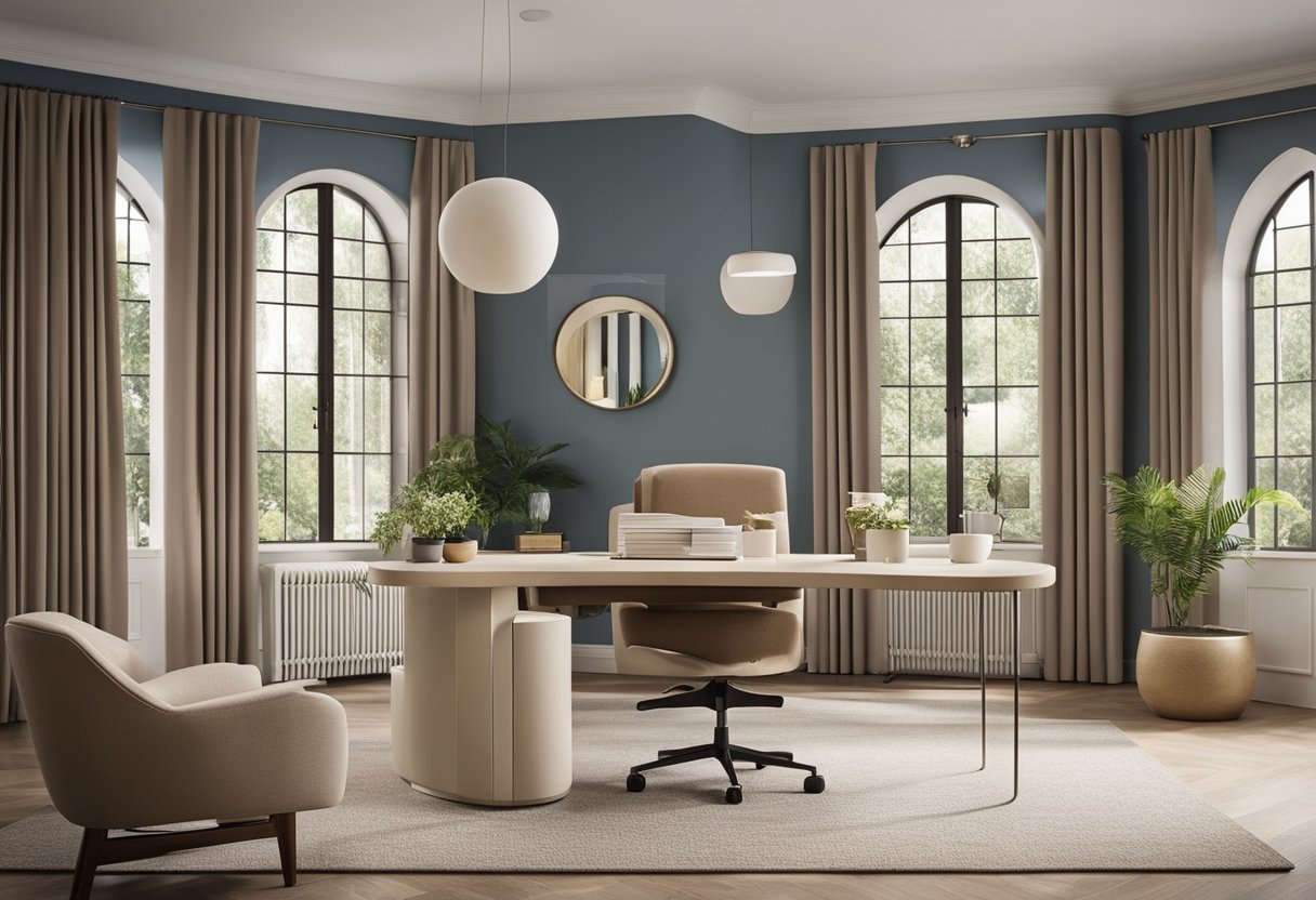 A home office with rounded furniture, soft edges, and childproofing measures. Safety gates, cordless blinds, and non-toxic materials