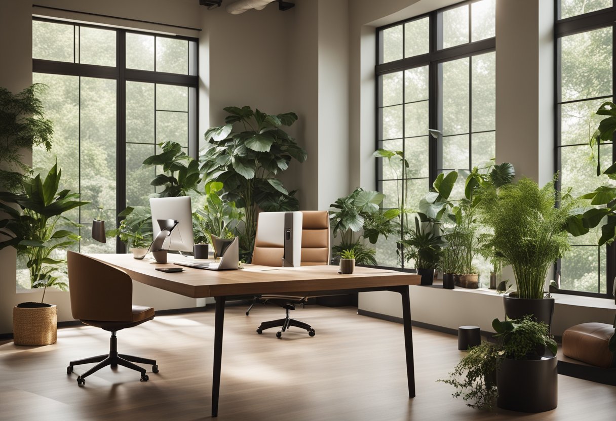 A spacious home office with large windows, natural light, and views of lush greenery. A sleek and modern desk is complemented by organic wood accents and potted plants, creating a harmonious and balanced luxury work environment