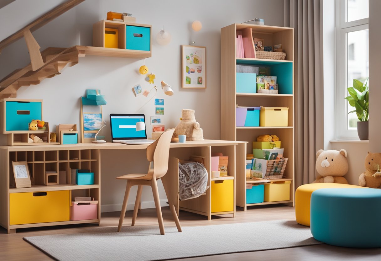 A clutter-free desk with colorful storage bins, a cozy reading nook, and a small play area with educational toys