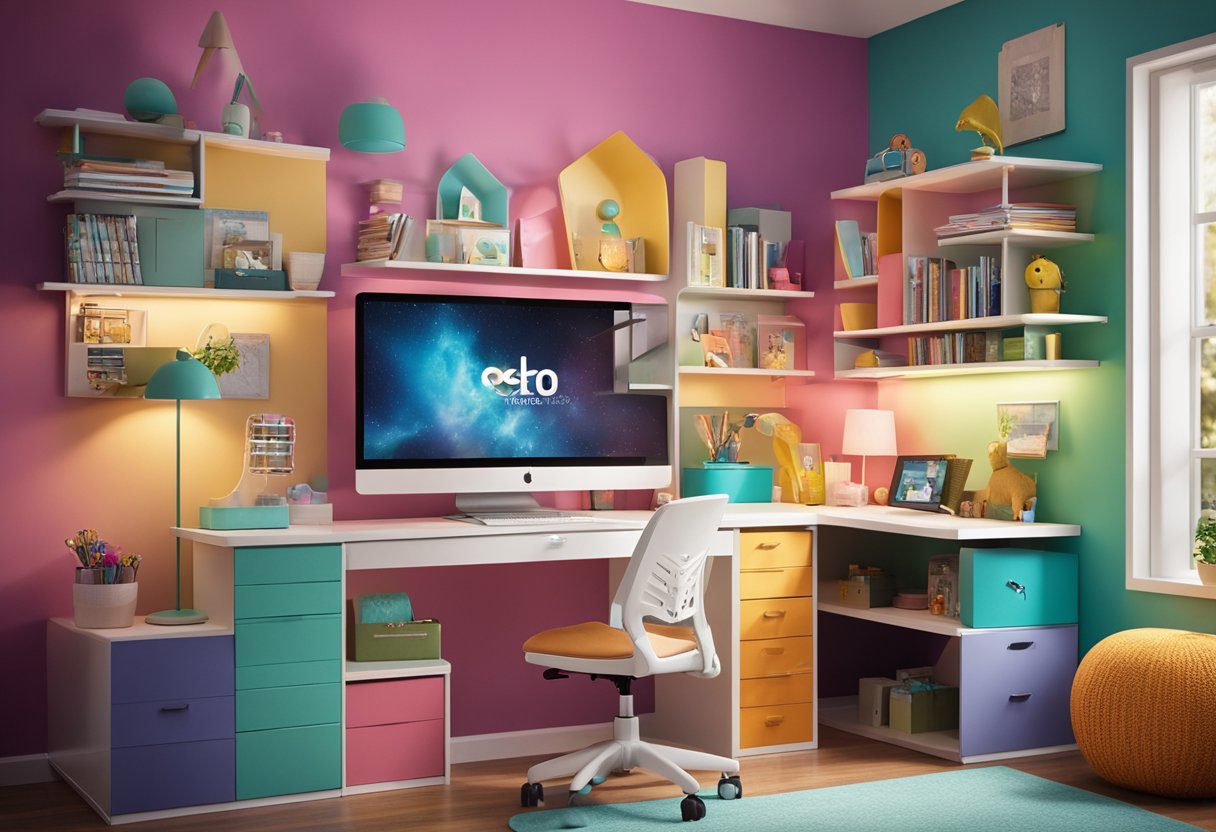 A colorful, organized home office with child-sized furniture, interactive technology, and media displays. Bright lighting and playful decor create a welcoming environment for young learners