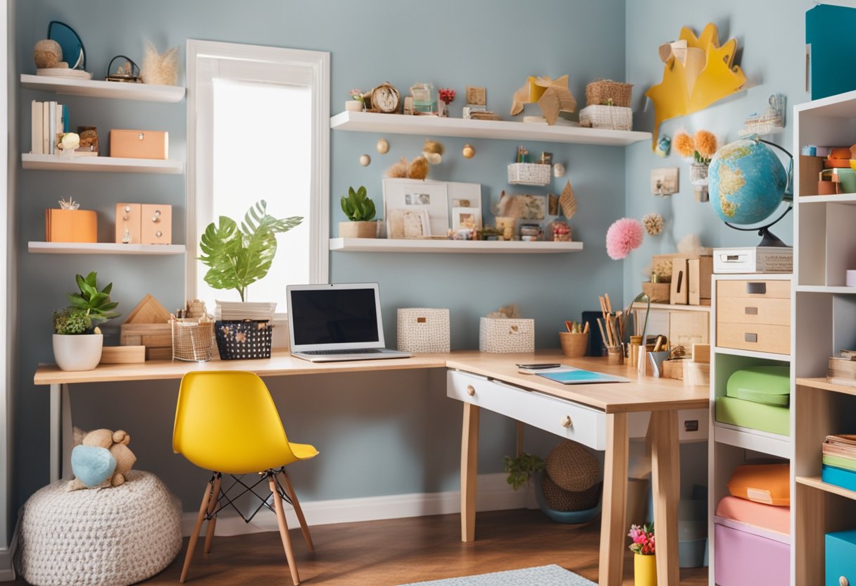 A bright, organized home office with child-sized furniture, colorful decorations, and space for creative play