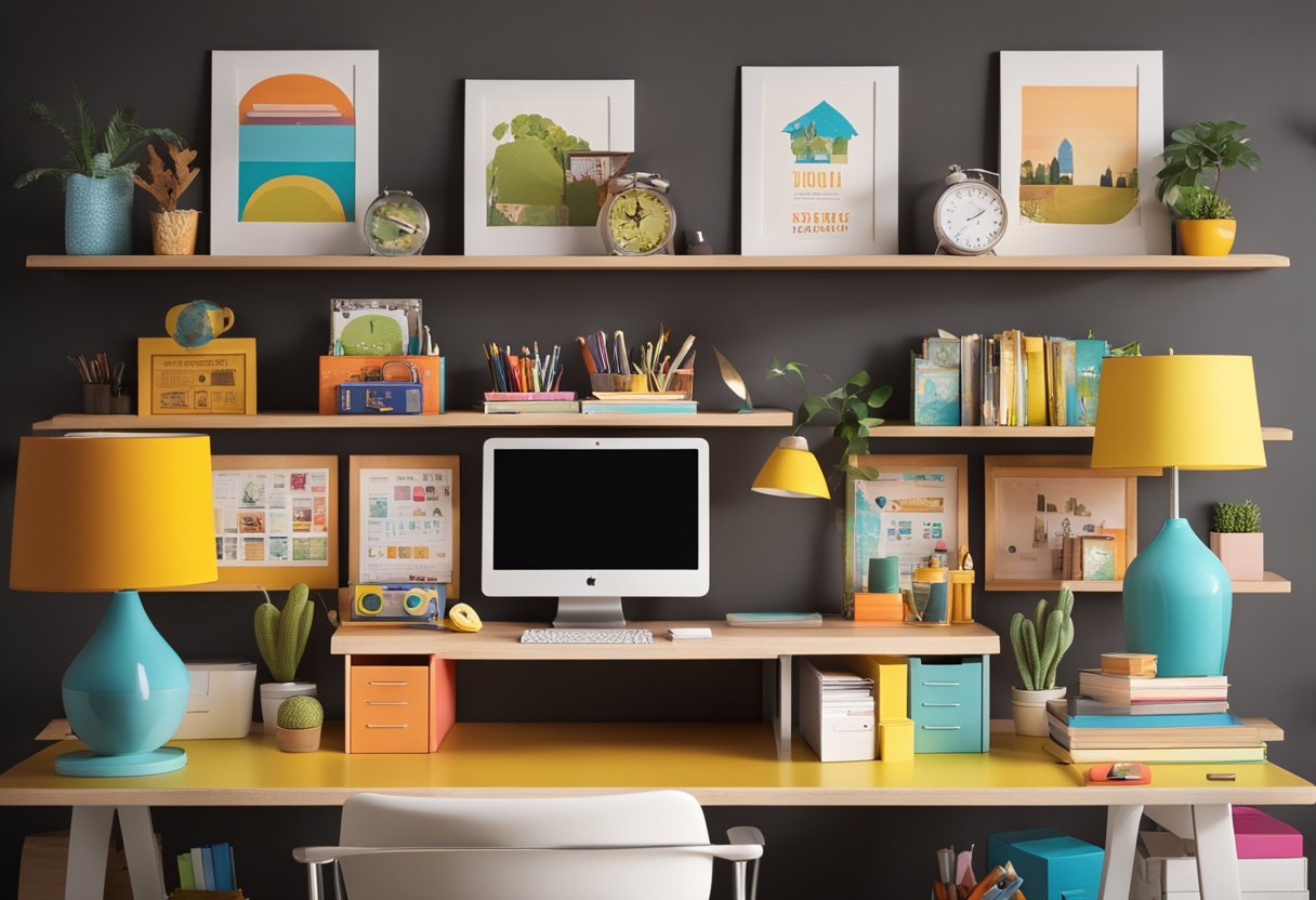 A child-sized desk with colorful organizers, a mini filing cabinet, and a small bookshelf, surrounded by playful decor and educational posters