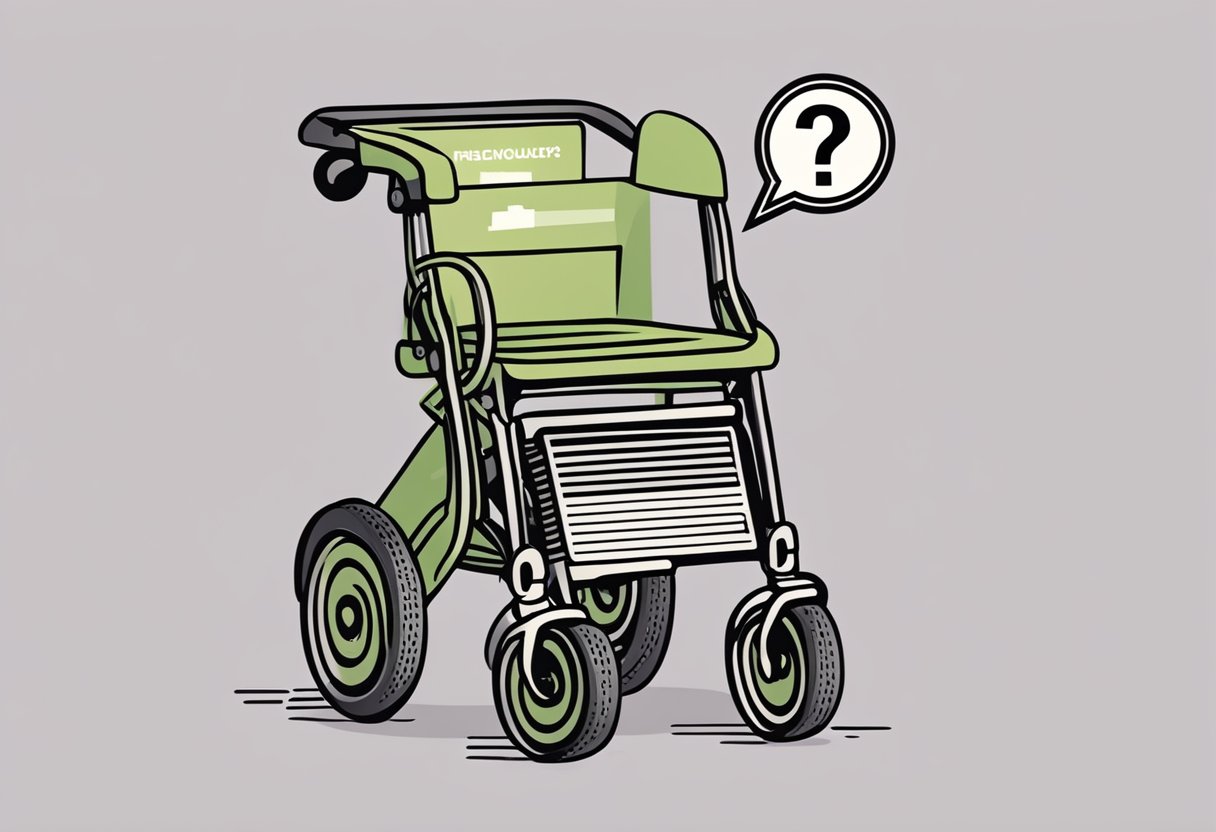 A rollator surrounded by question marks, with a speech bubble containing the words "frequently asked questions about rollators"