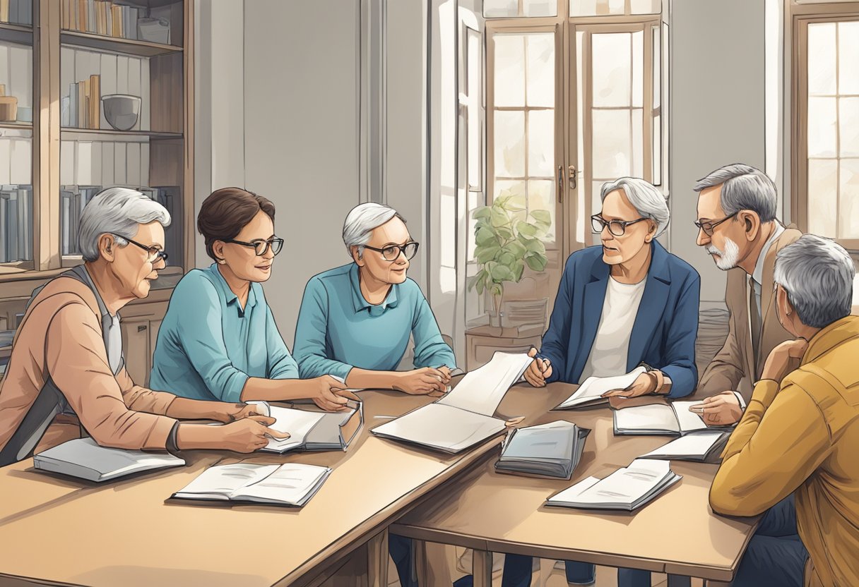 A group of people gathered around a table, pointing at a rollator while discussing common issues and solutions